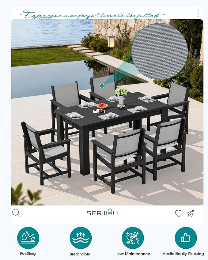 SERWALL 7 Piece Outdoor Dining Table Sets for 6 with 1 Umbrella Hole Cut-Out Rectangular Table and 6 Textilene Chairs, HDPE Dining Table Sets for Garden, Backyard, Poolside, Black