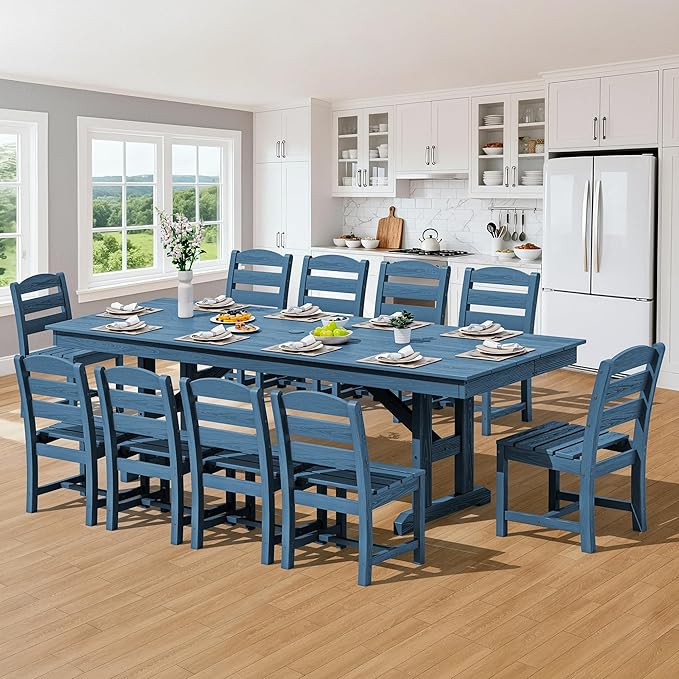 SERWALL Outdoor Dining Chairs Set of 4, All-Weather HDPE Patio Chair with 19.7" Widened Seat, for Backyard, Garden, Blue