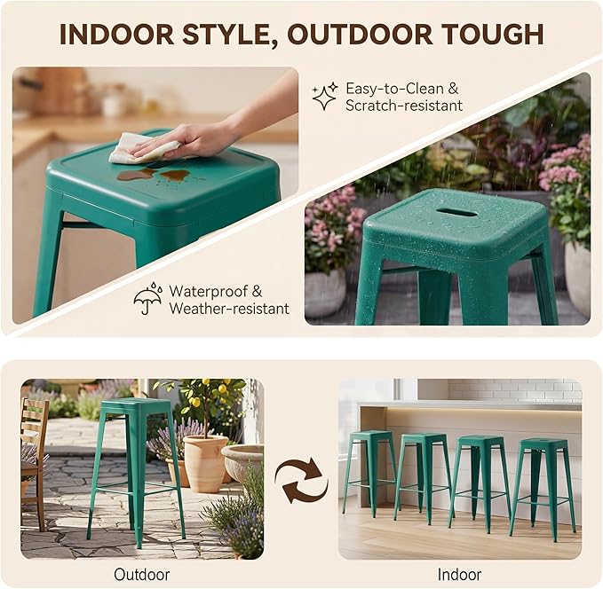 Shahoo 30 Inches Metal Bar Stools Counter Height Stackable Backless Stools, Industrial Patio Stools Indoor Outdoor Metal Kitchen Stools Set of 4 (Green, 30'')
