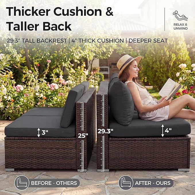 NICESOUL 10 Piece Outdoor Patio Furniture Set with Fire Pit Natural Gas/Propane, 29.3'' High-Back XL Big Size Wicker Sectional Sets, Deep Wide Sofa Couch for Outside, Brown Rattan and Grey Cushion
