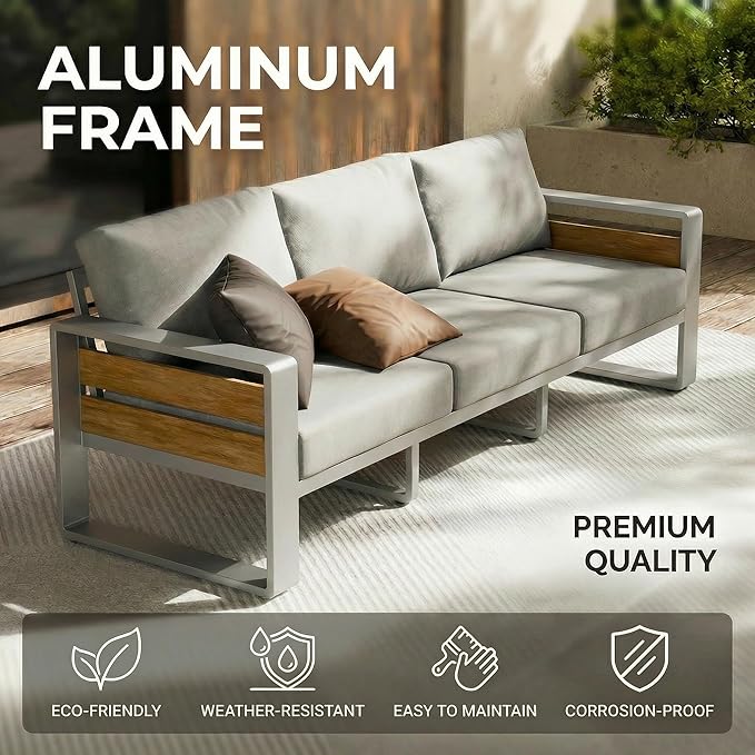 ZANDOR Outside Aluminum Lawn Furniture - 1 Pcs Loveseat, All-Weather Metal Modern Outdoor Loveseat Sofa with Washable Thick Cushion for Garden/Backyard/Porch, Silver