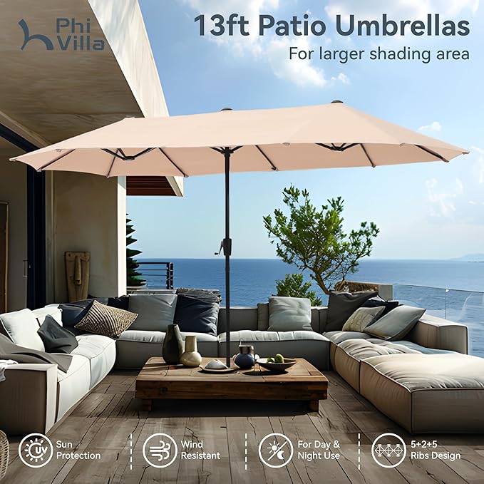 PHI VILLA 8 Piece Patio Dining Set with 13ft Patio Umbrella (Beige), 6 Outdoor Swivel Dining Chairs & 1 Large Metal Dining Table with 1.57" Umbrella Hole, for Deck Lawn Garden