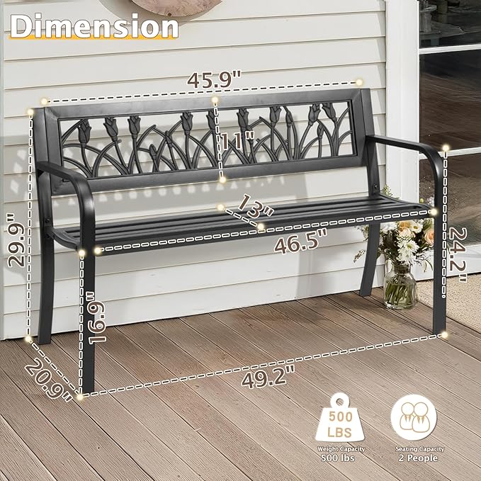 Outvita Outdoor Bench, 50" Iron Steel Frame Garden Bench with Tulip Pattern and Plastic Backrest Armrests, Patio Bench for Garden Park Yard Front Porch Patio, Black