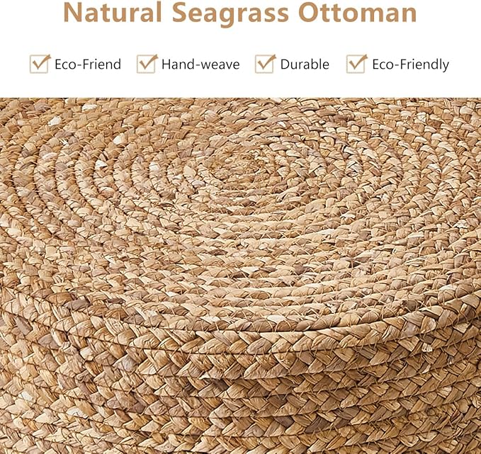 Wimarsbon Ottoman Foot Rest Stool Round Natural Seagrass Foot Stool Hand-Woven Boho Pouf Ottomans Home Decor Footstool Extra Seating for Living Room Bedroom Entryway Blue