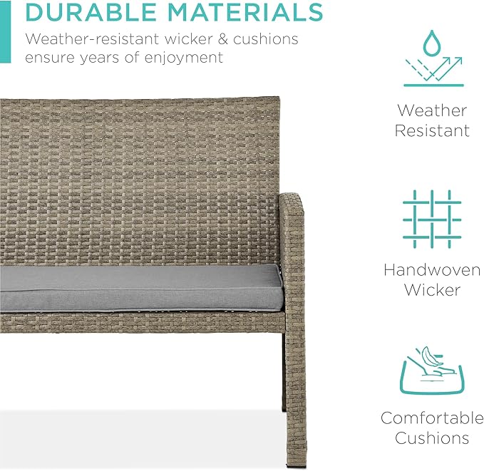 Best Choice Products 4-Piece Outdoor Wicker Patio Conversation Furniture Set for Backyard w/Coffee Table, Seat Cushions - Taupe/Cement Gray