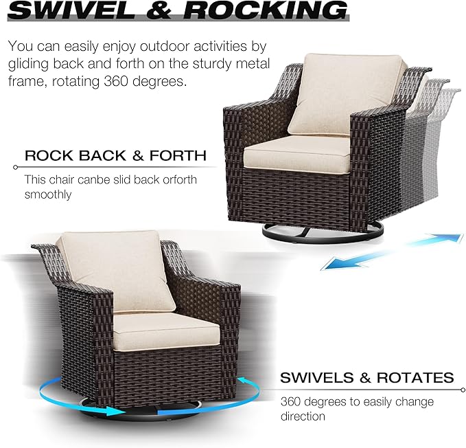 Joyside Wicker Patio Furniture Sets, 7 Pieces Upgraded Large Size Outdoor Furniture with Swivel Rocking Patio Chairs, Two 3-Seat Sofa, Outdoor Ottoman, Thick Cushions, Wide Armrest, Beige