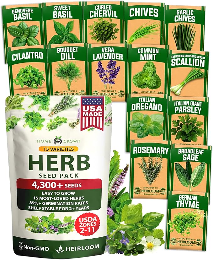 HOME GROWN Herb Seeds for Planting 15-Pack Massive Seed Count 4,300+ Seeds Non-GMO Heirloom | Extra Large | Culinary Herb Kit, Indoor Outdoor & Hydroponic | Grow Your Own Herbs | Gardening Gift