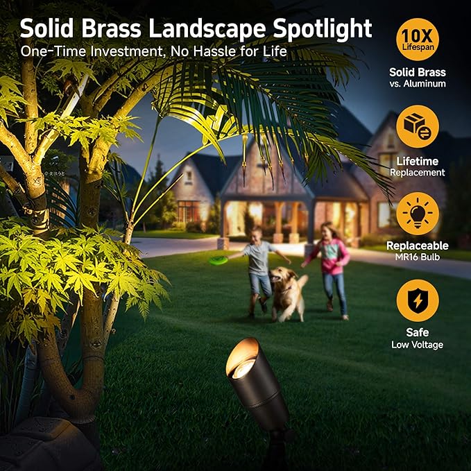Gardenreet Landscape Spotlights Low Voltage - Brass Outdoor Uplight LED 12V, Wired Spot Lights IP65 Waterproof, Antique Bronze for Exterior Garden Yard Tree House with 5W 2700K Warm White MR16 Bulb