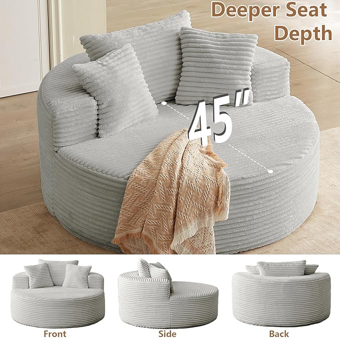 Oversized Round Chair Lounge Chaise Indoor, Upholstered Corduroy Deep Seat Cloud Large Circle Sofa Chair, No Assembly Required, Fluffy Modern Sleeper Sofa Bed for Reading, Living Room, White Gray