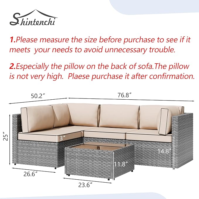 Shintenchi 5 Pieces Outdoor Patio Furniture Sets, Patio Sectional Sofa Couch, Gray PE Wicker Furniture Modular Patio Conversation Sets Patio Sofa with Washable Cushions & Table（Khaki）
