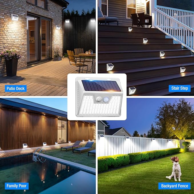 Peasur White Solar Lights Outdoor Waterproof, 6Pack 140LED Solar Powered Motion Sensor Light, 3 Modes Security Wall Lights for Fence Garden Yard Outside