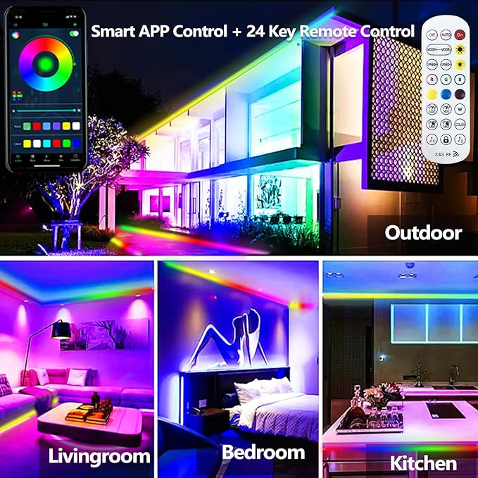 32.8FT Outdoor LED Strip Light Waterproof,IP68 Outside RGB+IC Light Strip with App/Remote Control,Chase Mode,Music Sync Rope Light for Balcony,Deck,Rooftop,Garden,Pool