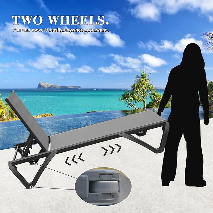 Domi Pool Lounge Chairs Set of 2, Aluminum Adjustable Outdoor Chaise Lounge with Wheels, All Weather Outdoor Lounge Chair for Deck Lawn Patio Backyard, Textilene - Gray