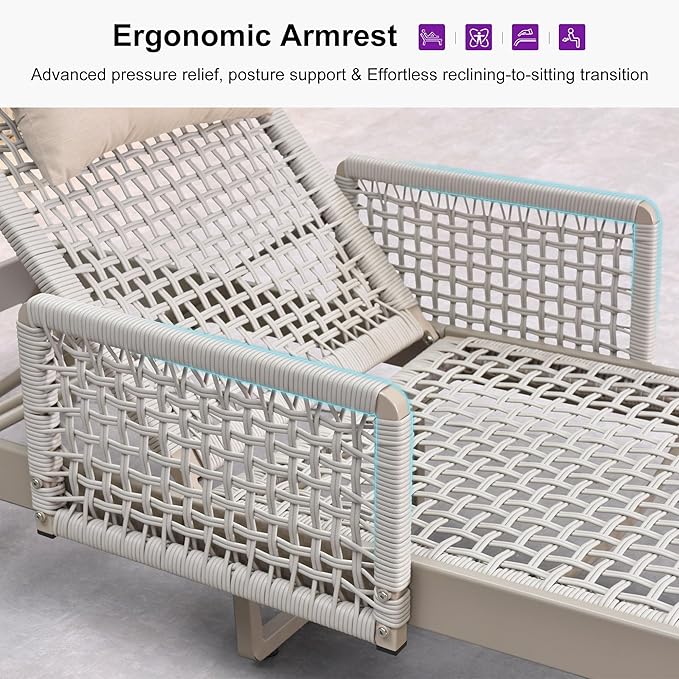 PURPLE LEAF 2 Pieces Outdoor Chaise Lounge Set Rattan Wicker Lounger with Arms Poolside Furniture Adjustable Recliners Patio Lounge Chairs for Beach Yard Garden Balcony, Champagne