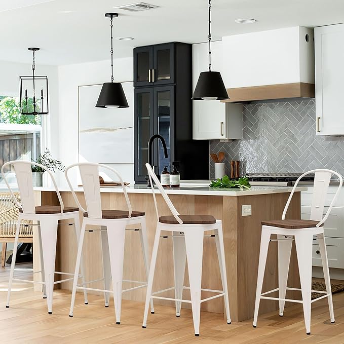 Alunaune 26" Swivel Metal Bar Stools Set of 4 High Back Counter Height Barstools Industrial Dining Bar Chairs with Large Wooden Seat-White