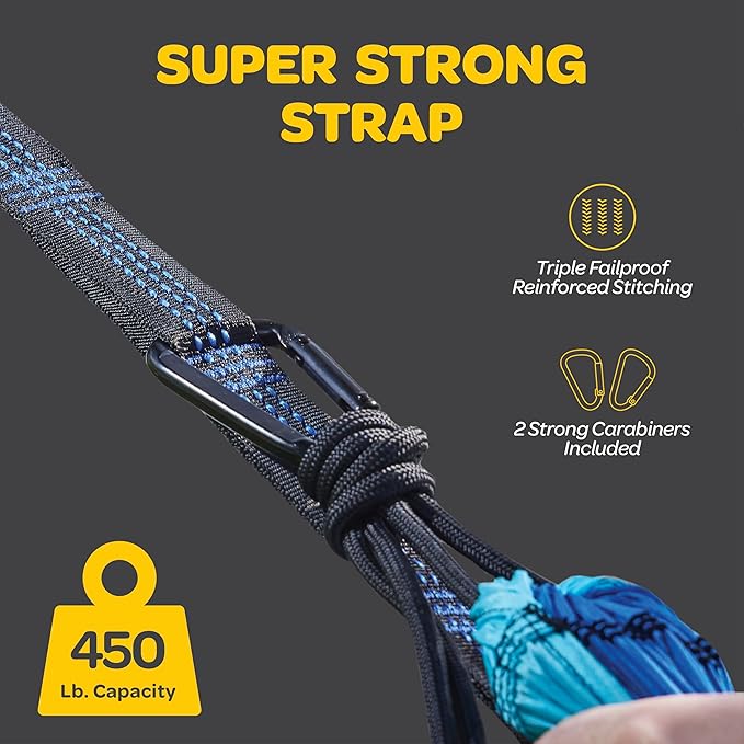 Durable Hammock 500 lb Capacity, Nylon Camping Hammock Chair - Double or Single Sizes w/Tree Straps and Attached Carry Bag - Portable for Travel/Backpacking (Large, Black with Net)