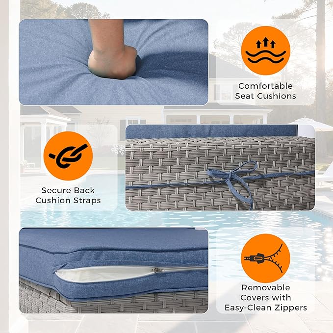 6-Seat Modern Outdoor Wicker Rattan Patio Furniture Set with 55,000 BTU Fire Pit Table, Thick 4″ Cushions, All-Weather Dual-Strand Rattan, Rust-Resistant Steel Frame,Navy