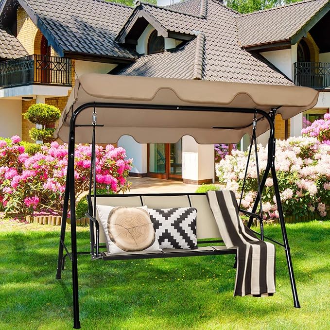 Tangkula 3 Person Patio Swing, Steel Frame with Polyester Angle Adjustable Canopy, All Weather Resistant Swing Bench, Suitable for Patio, Garden, Poolside, Balcony (Brown)