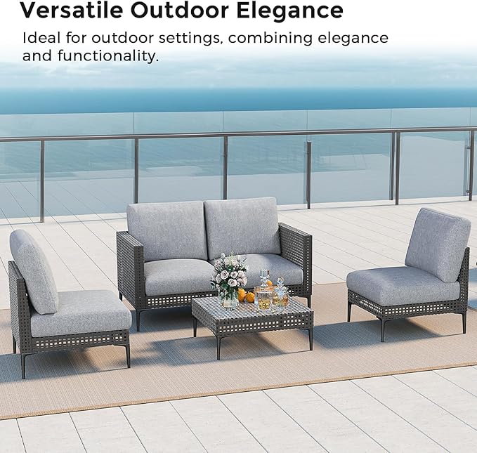 Outdoor Patio Sofa Conversation Set–Rattan 4 Seats Comfortable Couch for Garden, Yard, Weatherproof–Includes Glass Table, Armless Chairs, and Two-Seater Sofa