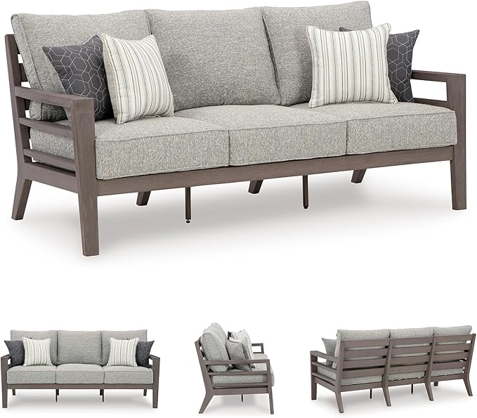 Signature Design by Ashley Hillside Barn Contemporary Nuvella Weather Resistant Fabric Outdoor Sofa with Cushion and 4 Throw Pillows, Light Brown & Light Gray