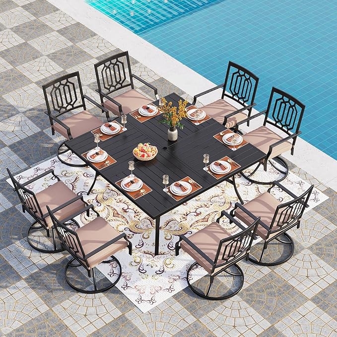PHI VILLA 9 Pieces Outdoor Dining Set for 8, 60" Black Square Wrought Iron Table with Umbrella Hole & Swivel Metal Chairs with Cushions, Large Outside Furniture Set for Patio, Deck, Yard, Porch