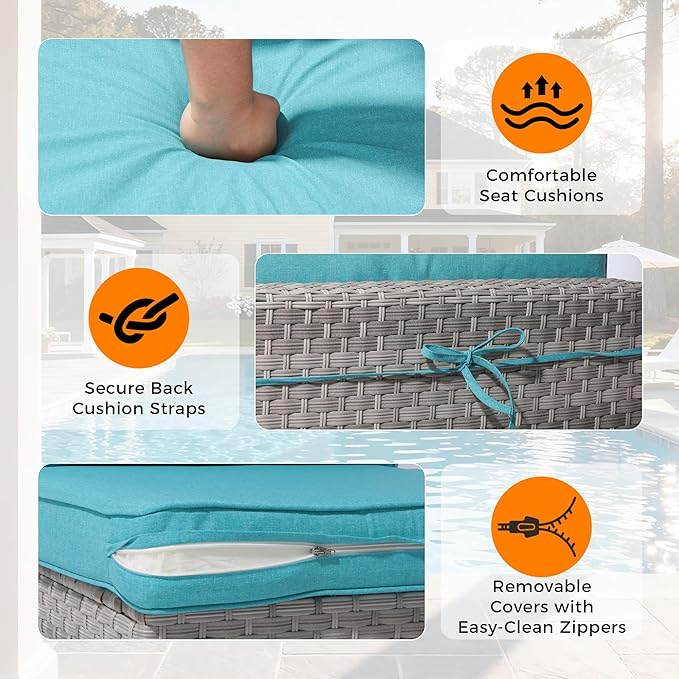 6-Seat Modular Patio Furniture Set – Outdoor Wicker Sectional Sofa with Thick 4″ Cushions, Dual-Strand PE Rattan, Rust-Resistant 18 mm Steel Frame, Backyard Garden Deck Lounge,Blue