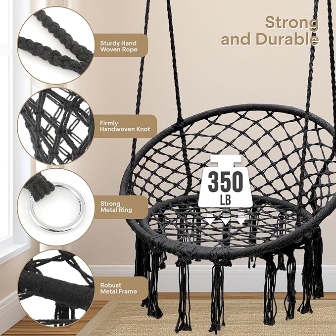 Athena Collection Hammock Chair Hanging Swing Chair with Large Thick Cushions, Outdoor Hanging Chair with Macrame Cotton Rope for Indoor, Outdoor, Bedroom, Balcony, Holds 350 Lbs, Black