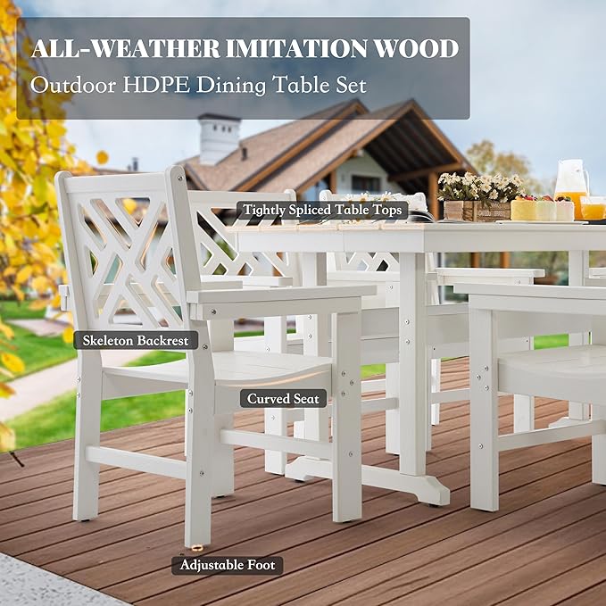 HDPE Dining Table Set for 4,5-Piece Outdoor Table and Chairs Include 4 Dining Chairs and 62.5" Patio Dining Table with Umbrella Hole (White)