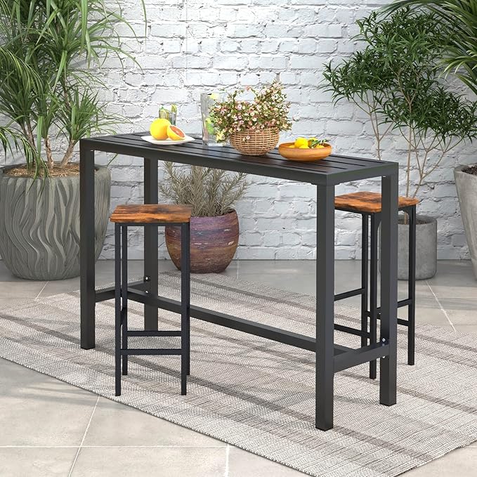 COSTWAY Outdoor Bar Table 55-inch Wide, Narrow Counter Height Dining Table with Waterproof Top and Heavy-Duty Metal Frame, Rectangular Pub Table for Garden Patio Backyard Poolside, Black