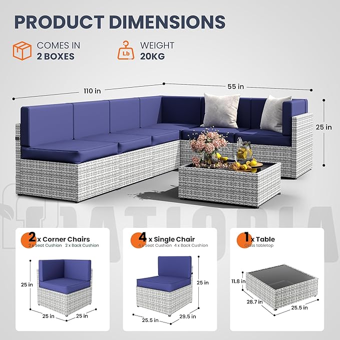 Pamapic 7 Piece Outdoor Sectional Sofa Set, All-Weather Patio Furniture with Washable Cushions, Waterproof Gray Rattan Wicker Conversation Set for Backyard, Poolside, Garden (Navy Blue Cushions)