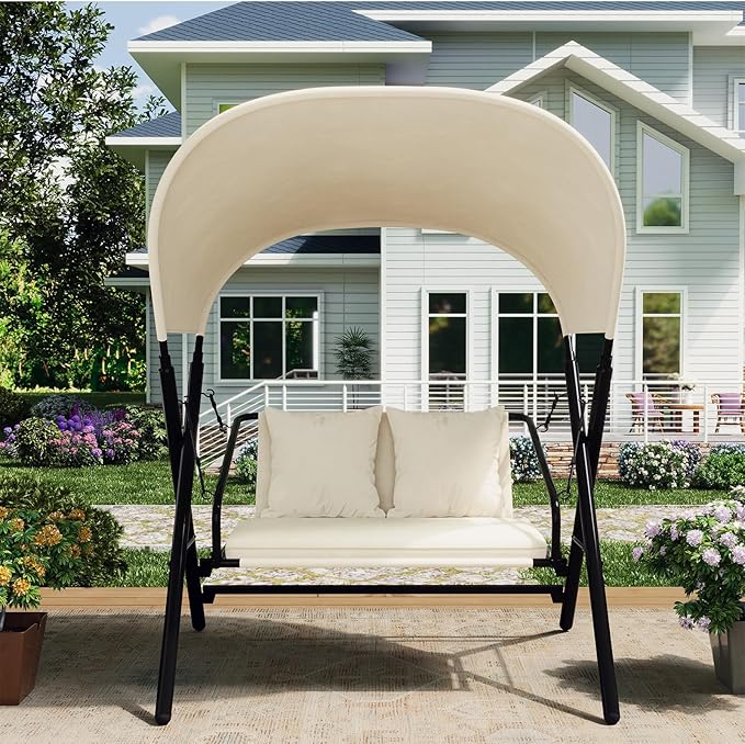 AECOJOY Outdoor Porch Swings for Adults 600LBS 2 Seat Patio Swings with Canopy Stand Thick Cushion Pillows Metal Steel Frame Patio Swing Chair for Garden Yard Deck Poolside Easy Assembly