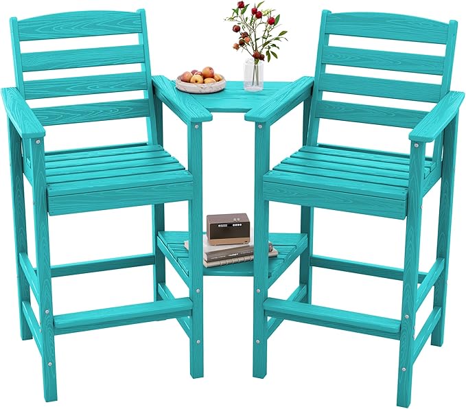 SERWALL Tall Adirondack Chairs Set of 2 with Connecting Table, All Weather Outdoor Barstools, Aruba Blue