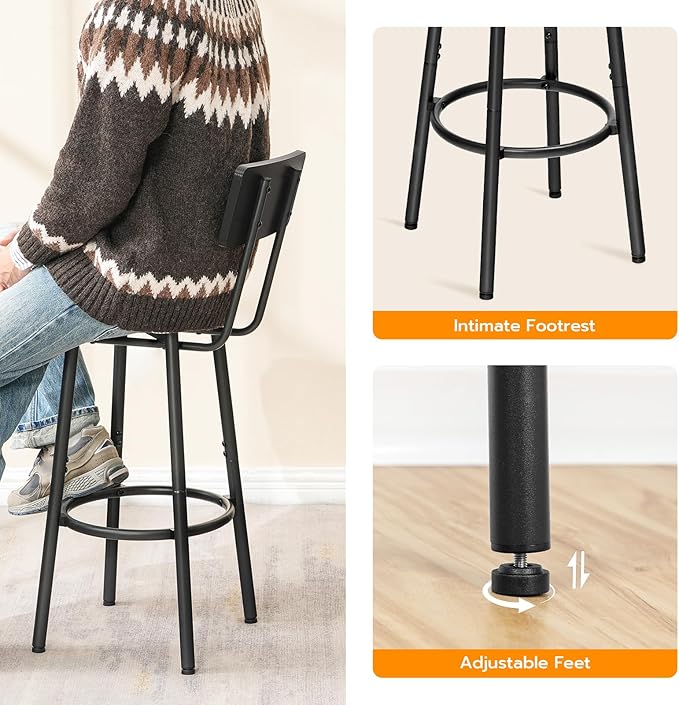 HOOBRO Bar Stools,Set of 2 Round Bar Stools with Back,25.2" Bar Chairs for Kitchen Island, Dining Room,Counter Height Barstools, Easy to Assemble, Black BK32BY01G1