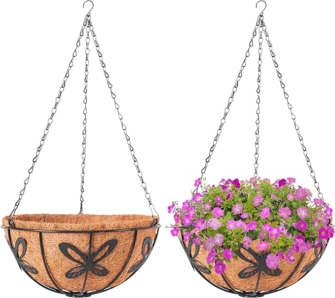 Hanging Baskets Planter for Plants, 2 Pack 10 Inch Round Metal Wire Hanging Flower Pots with Coco Coir Liner Chain, Plant Holder for Home Garden Balcony Decor