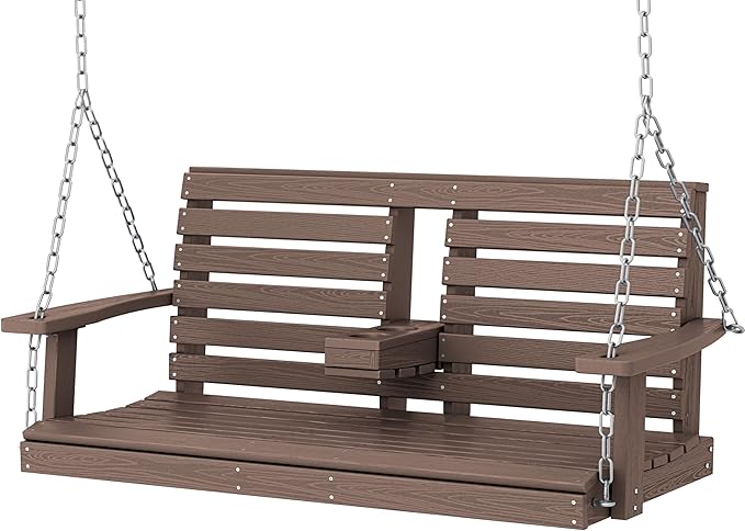 KINGYES Outdoor Hanging Porch Swing, Waterproof Swing with Cup Holders for Courtyard & Garden, 660LBS Weight Capacity, Brown