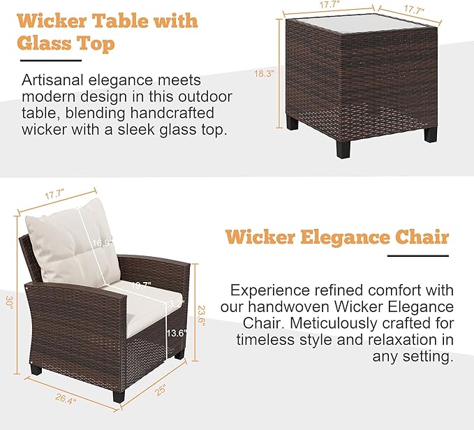 Shintenchi 3 Pieces Patio Furniture Set 3 Pieces PE Rattan Wicker Chairs with Table Outdoor Furniture for Backyard/Garden/Poolside/Outdoor Restaurant Brown Rattan with White Cushion