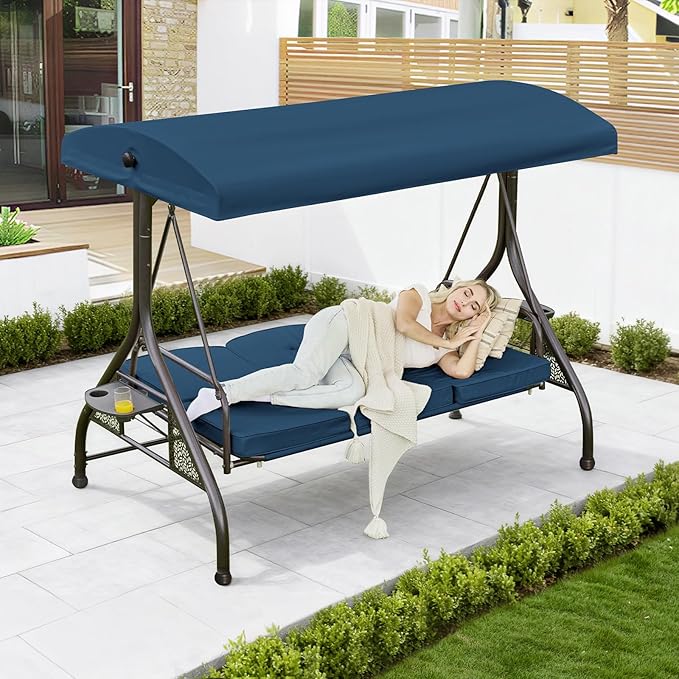 Upgrade 180° Convertible Outdoor Swing for Adults, Outdoor Porch Swing with Stand 800lb Bearing Capacity, 3-Seat Outdoor Swing with Canopy Adjustable, Thickened Cushions (Round, Blue)