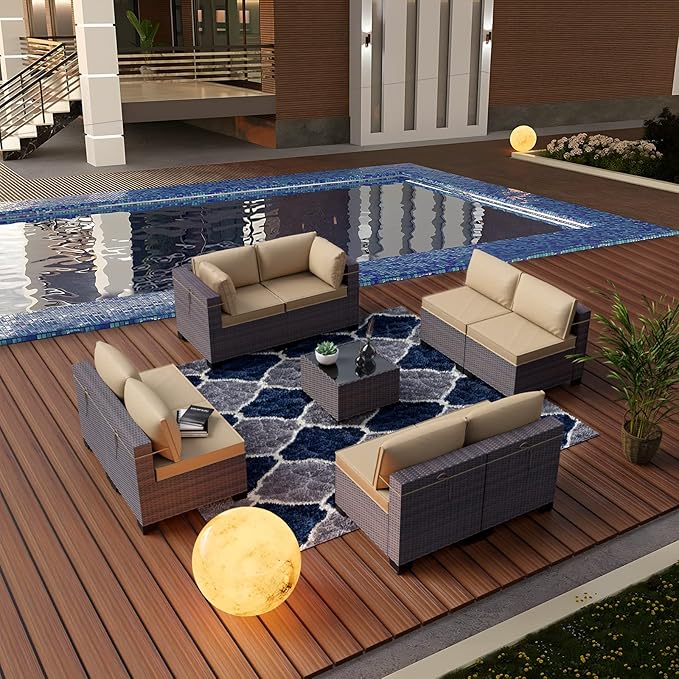 Kullavik 9 Pieces Outdoor Patio Furniture Set,Outdoor Sectional Rattan Sofa Set Brown PE Rattan Wicker Patio Conversation Set with Tempered Glass Coffee Table and Washable Cushions Covers,Sand