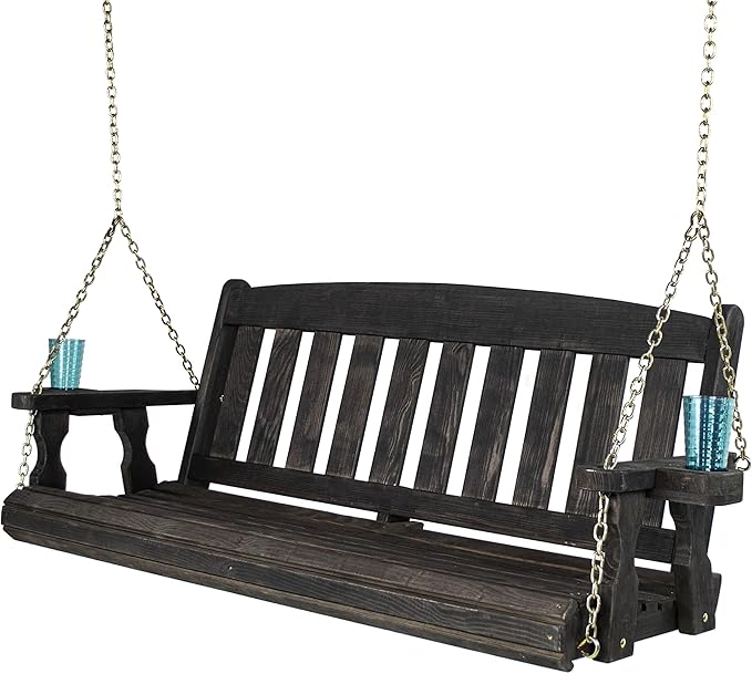 Amish Casual Heavy Duty 800 Lb Mission Treated Porch Swing with Hanging Chains and Cupholders (5 Foot, Semi-Solid Black Stain)