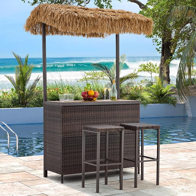 HOMREST Outdoor Tiki Bar Set, 3 Pieces Wicker Patio Bar Set w/2 Height Stools, Storage Shelf, Canopy, Plastic Wood Tabletop for Backyard Poolside Garden, Brown