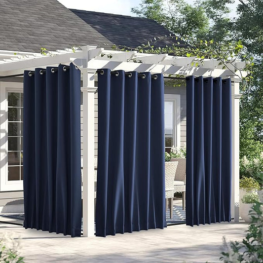 NICETOWN 2 Panels Weighted Outdoor Curtains for Patio Waterproof, Thermal Insulated Grommet & Back Tab on Top & Bottom Windproof Sun Blocking Draperies for Gazebo with Fixed Rope, Navy Blue, W66 x L84