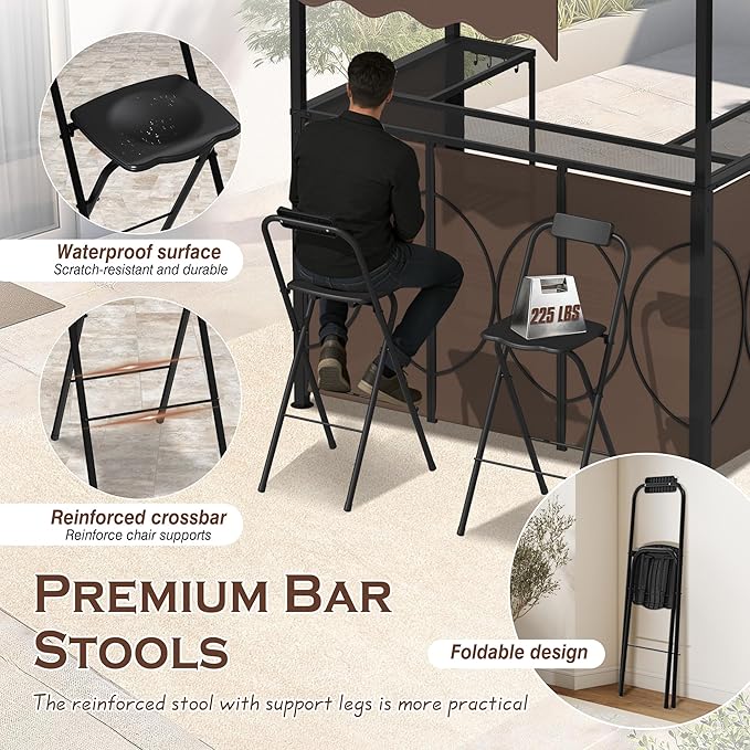 Grepatio 3 Piece Patio Bar Set with Canopy, Grill Gazebo with Bar Table and 2 Foldable Stools, Outdoor Bar Set with Storage Shelves, Extra Adjustable Shadow, Glass Holders for Garden Backyard
