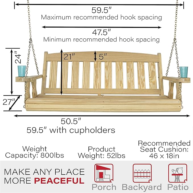 Amish Casual Heavy Duty 800 Lb Mission Treated Porch Swing with Hanging Chains and Cupholders (4 Foot, Unfinished)