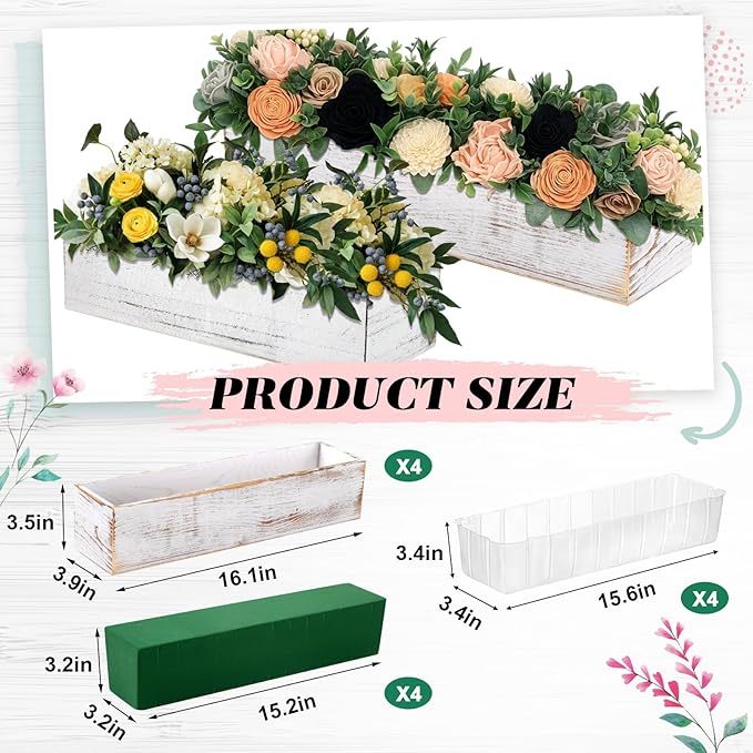 Dandat 4 Set Wood Boxes for Centerpieces 16x4 Inch Rectangle Wooden Planter Box Rustic Wooden Planters with Removable Plastic Liner Floral Foam Blocks for Christmas Wedding Home Garden Decor(White)