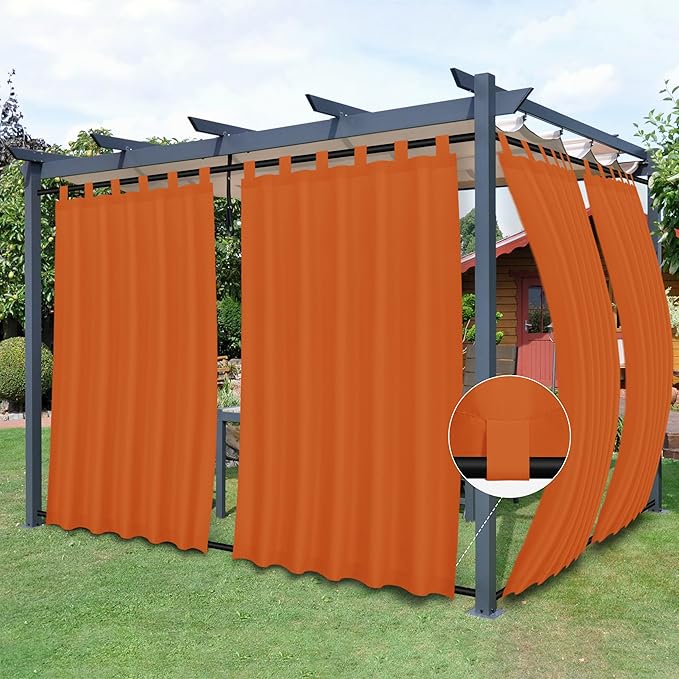 Easy-Going Outdoor Patio Curtains Detachable Tab Top Windproof Weatherproof Curtain for Cabana, Porch, Pergola and Gazebo, Tab Bottom Drape, 2 Panels, 54W x 120L inch, Orange