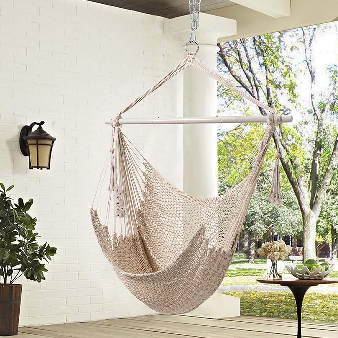 Lazy Daze Hammocks Chair Caribbean Hanging Rope Swing Chair, 40" Removable Steel Spreader Bar with Anti-Slip Rings, Soft-Spun Cotton Rope for Indoor/Outdoor Backyard & Living Room, Max 500 LBS, Beige