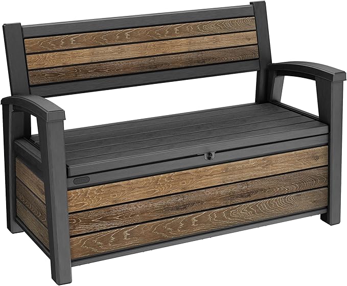 Keter Signature 60 Gallon Storage Bench Deck Box for Patio Furniture, Front Porch Decor and Outdoor Seating – Perfect to Store Garden Tools, Walnut