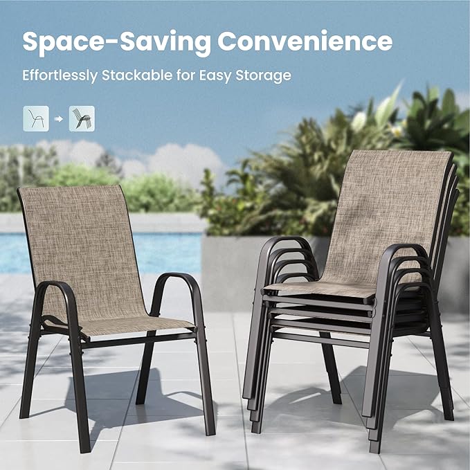 PHI VILLA Patio Chairs Set of 2, Outdoor Stackable Dining Chairs with E-Coating Metal Frame and Upgraded Textilene Fabric, All Weather Deck Chair 350 LBS Capacity for Porch Poolside Garden