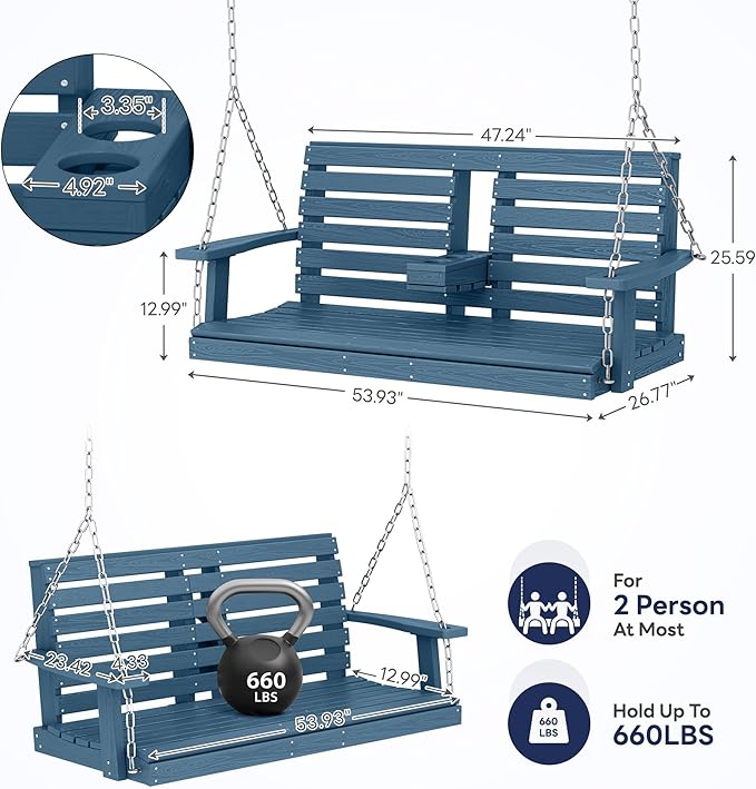 KINGYES Outdoor Hanging Porch Swing Set of 4, 2 Seat Patio Chair With Cup Holders, Waterproof Bench for Courtyard & Garden, 660LBS Weight Capacity, Blue