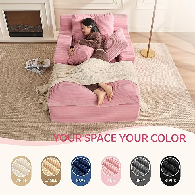 63" Chaise Lounge Chair Indoor, Set of Convertible Sleeper Sofa Couch with Throw Pillows & Side Pockets, Corduroy Upholstered Oversized Sofa Bed with Armrests for Living Room Bedroom, Pink